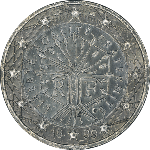 Heads side of a French 1 euro, featuring a tree surrounded by a hexagon and the words "Liberté, Égalité, Fraternité"