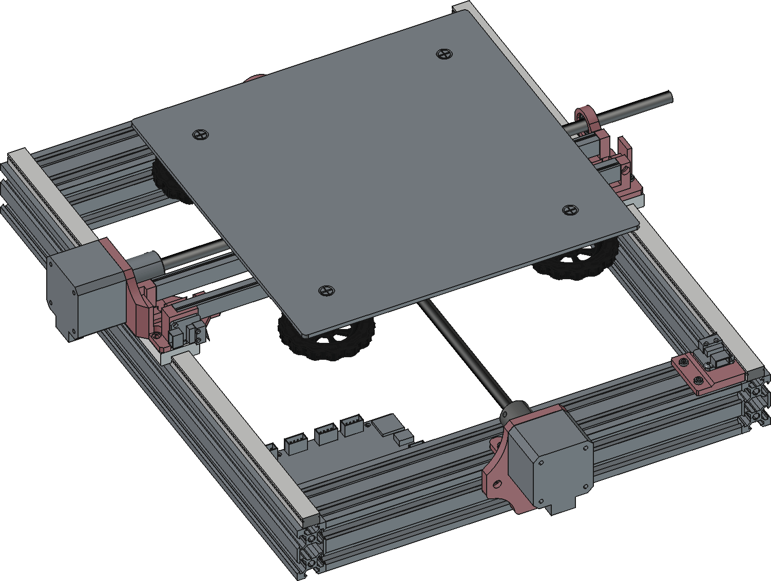 3D modelling of rearranged Ender 3 parts, with the Z axis removed and the build plate able to move on both X and Y axes