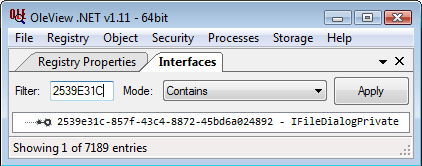 OleView.NET showing the only interface containing the ID is called IFileDialogPrivate.