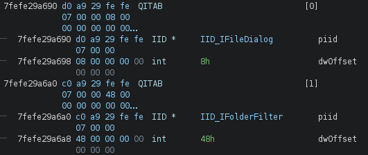 GHIDRA screenshot showing two entries of the QISearch table: IFileDialog is at this + 0x8, IFolderFilter is at this + 0x48.