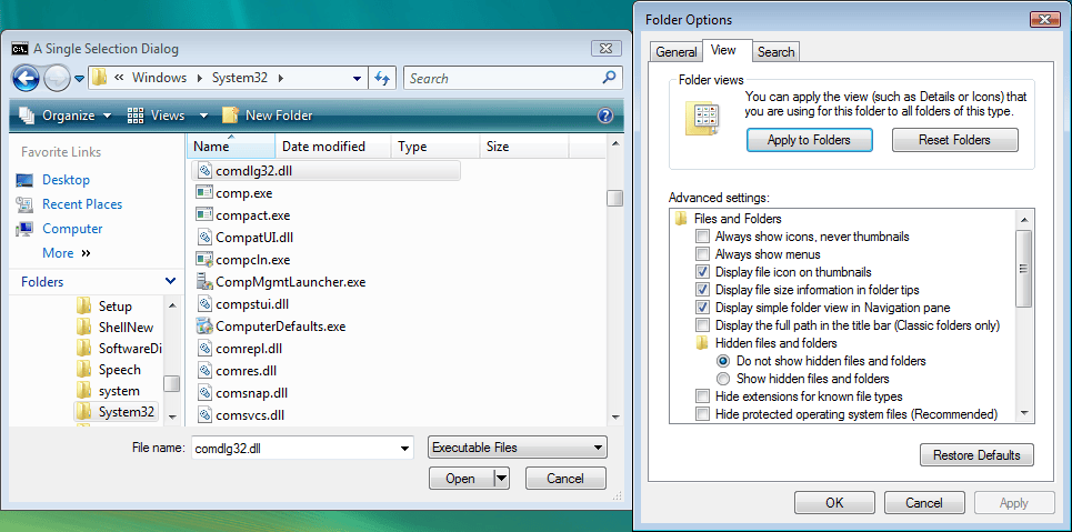 The Windows Vista file picker not showing extensions, while the setting to hide them is off.