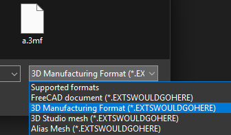 FreeCAD's Open file dialog filter combo box, showing what was expected from the start