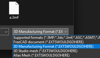 FreeCAD's Open file dialog filter combo box, with entries' extensions replaced with (*.EXTSWOULDGOHERE)
