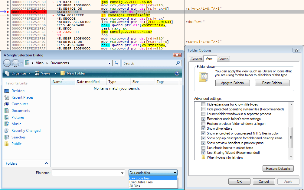 x64dbg showing a patched jump (jnz → jmp), Shell options showing "Hide extensions for known file types" is off, and the Open File dialog with no appended extensions